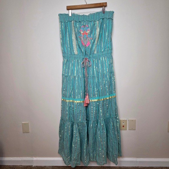 Venus Teal Gold Metallic Chevron Embroidered Strapless Tiered Maxi Dress 2X - Picture 3 of 9